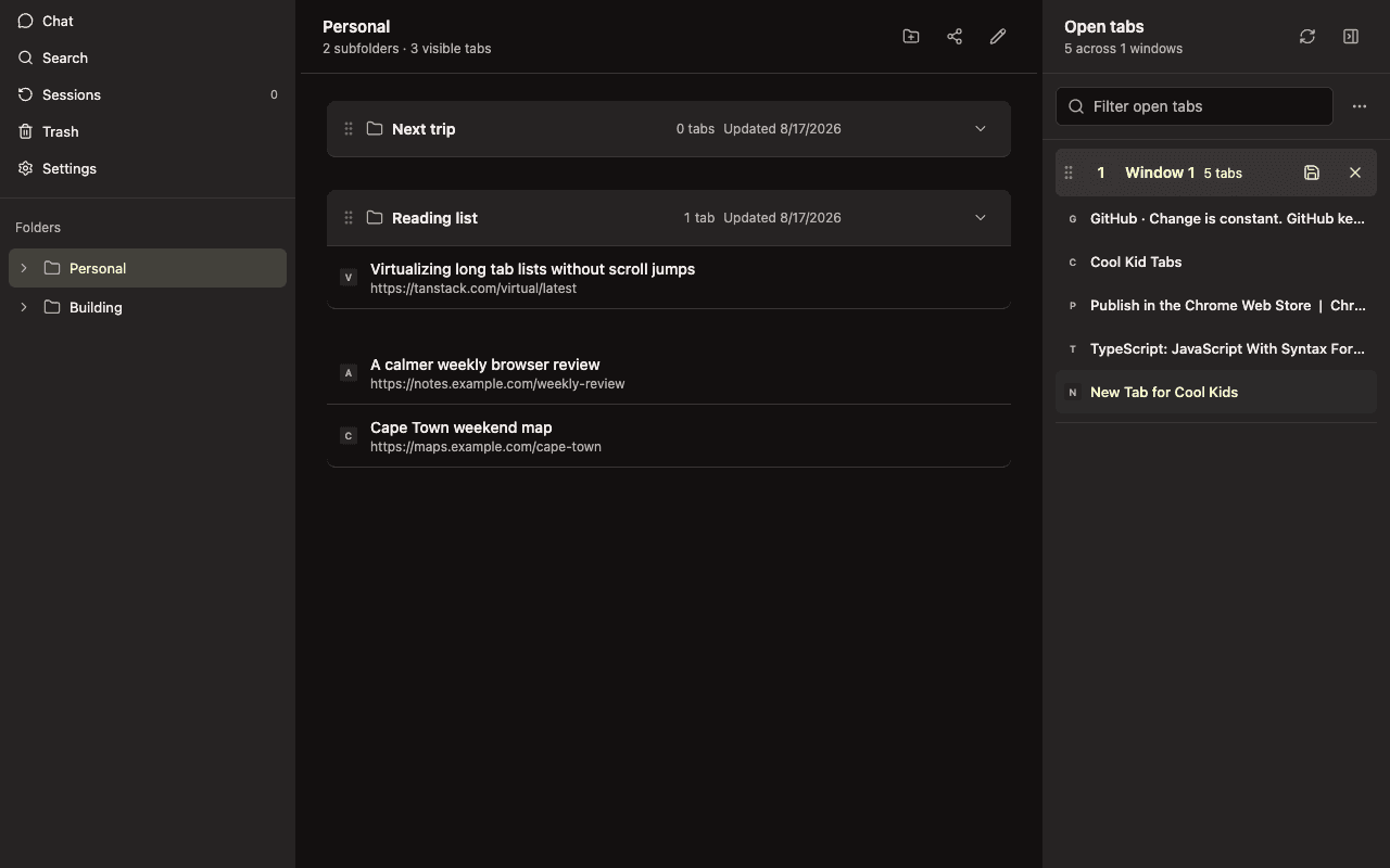 Cool Kid Tabs dashboard showing folders, saved links, and live Chrome tabs