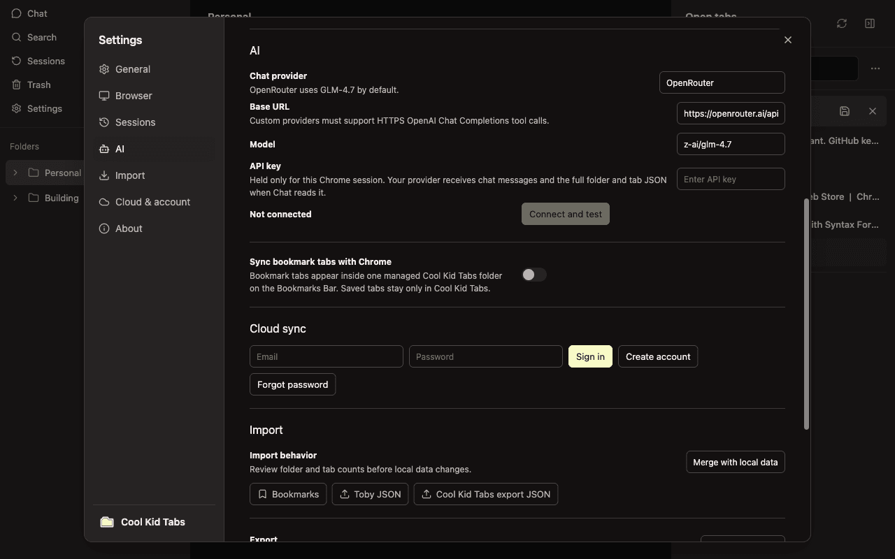 Cool Kid Tabs settings for OpenRouter Chat, Chrome bookmark sync, imports, and cloud sync