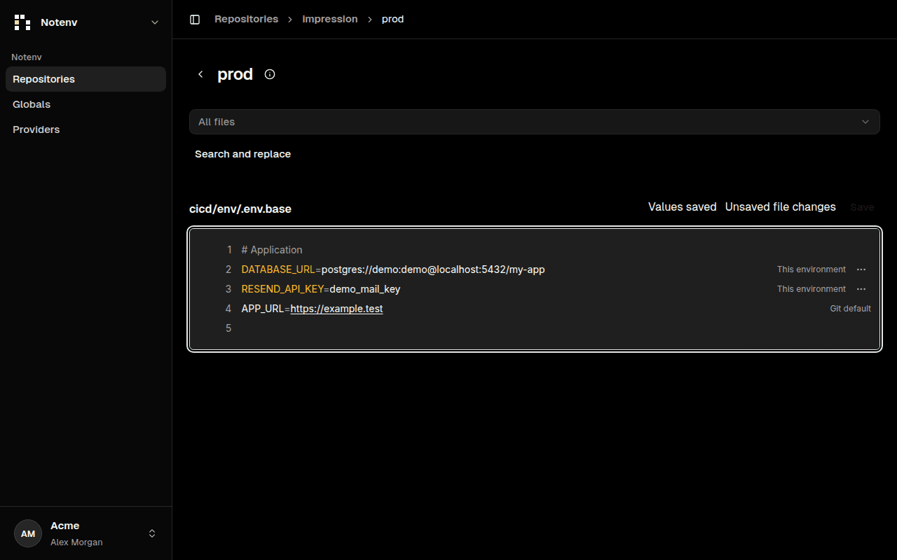 Notenv environment editor showing variable declarations and inheritance origins