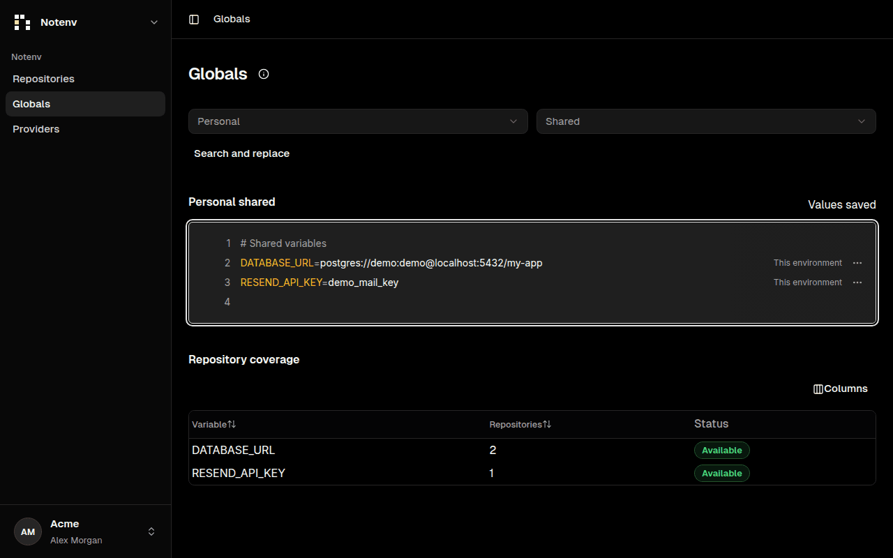Notenv Globals editor with scope and environment controls