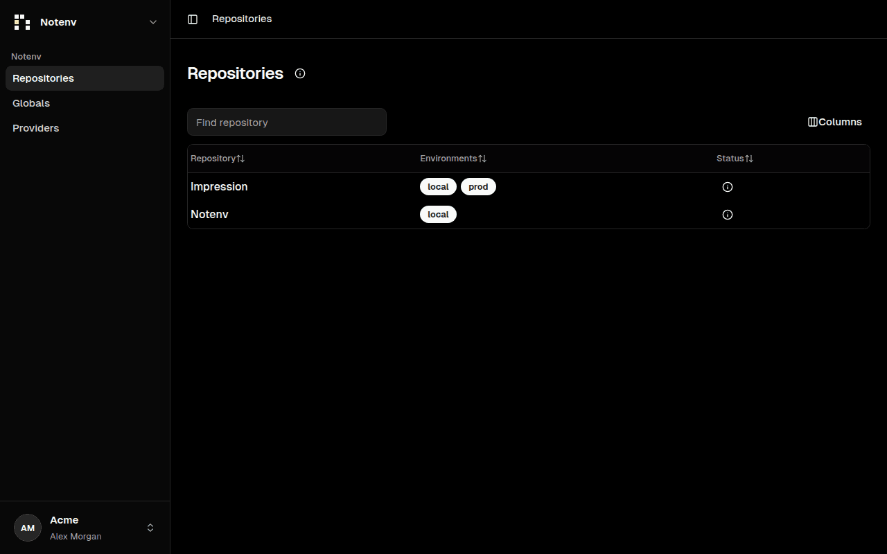 Notenv repository overview with environment configuration counts