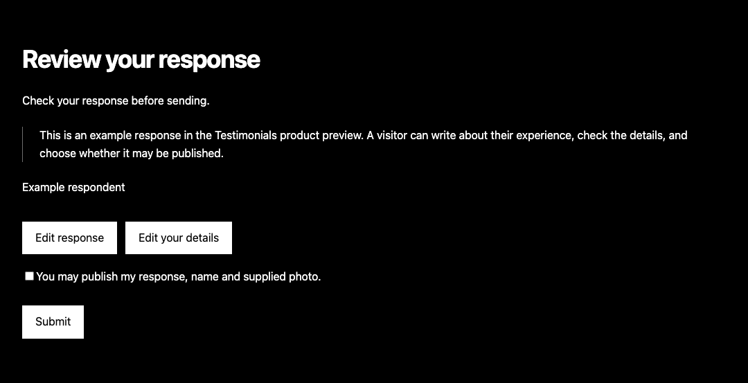 Review step showing an example response, edit controls, and an unchecked publication-permission checkbox